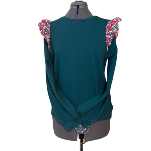 J. Crew Green Sweatshirt with Ruffle Sleeve Size Medium - Picture 3 of 16